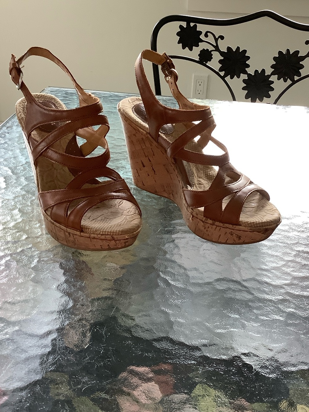 b.o.c. Brown Strappy Cork Wedge Sandals